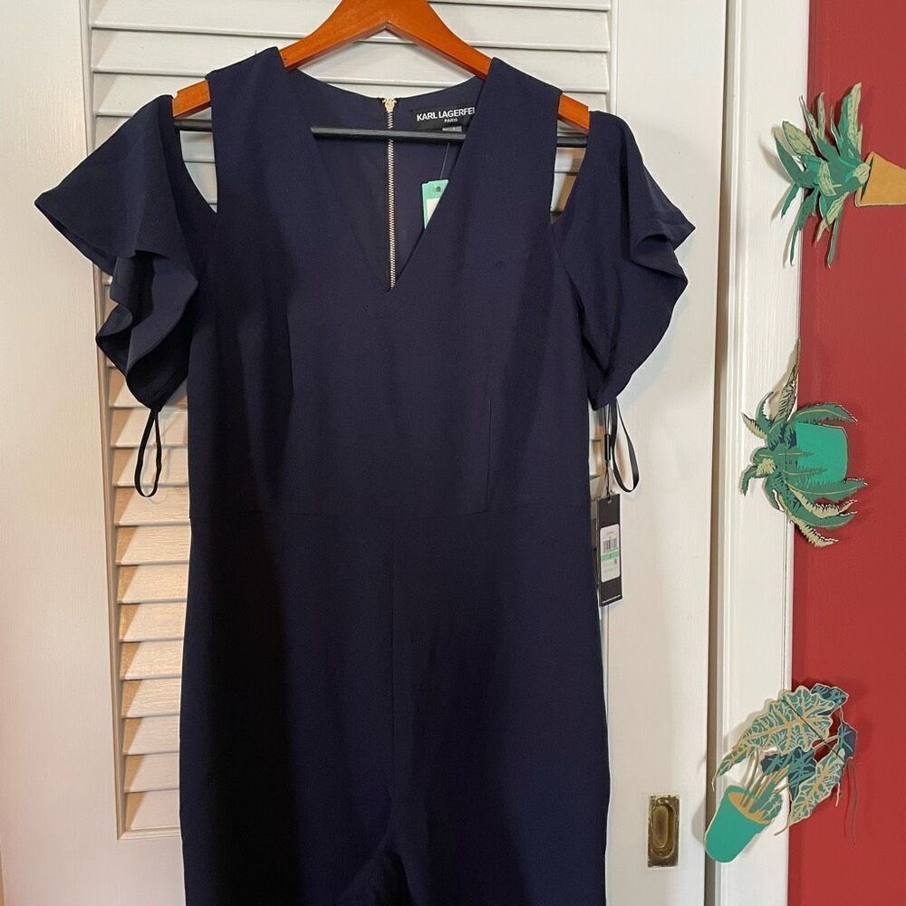 KARL LAGERFELD | melia cold shoulder midi jumpsuit in navy 8 NWT - Picture 8 of 12
